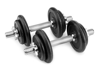 Metal dumbbells isolated on white. Sports equipment