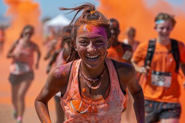 A colorful explosion as runners are showered with Holi powder during a vibrant cultural-themed run