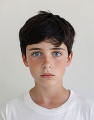 ID Photo for Passport : European teenager boy with straight short black hair and blue eyes, without glasses and wearing a white t-shirt