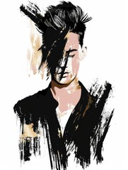 A drawing of a man with his hair defying gravity, standing out in a striking combination of golden and black colors