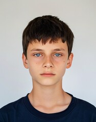 ID Photo for Passport : European teenager boy with straight short black hair and blue eyes, without glasses and wearing a navy t-shirt