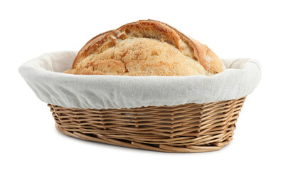 Wicker basket with fresh bread isolated on white