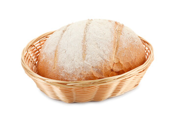 Wicker basket with fresh bread isolated on white
