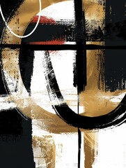Abstract painting featuring circles in black and gold colors, creating a modern and dynamic composition