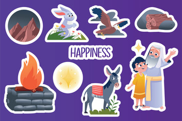 Set of stickers Happiness in flat cartoon design. This illustration shows a happy Isaac and Abraham, a sacrificial fire and everything around them. Vector illustration.