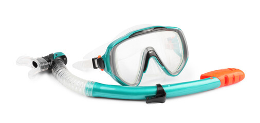 Turquoise diving mask and snorkel isolated on white. Sports equipment