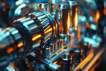 Macro shot of a high-performance car engine, detailing pistons and valves, engineering precision visible 