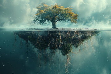 A surreal portrayal of Eleutherococcus as a floating island, with roots and leaves extending into energy lines,