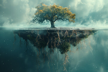 Naklejka premium A surreal portrayal of Eleutherococcus as a floating island, with roots and leaves extending into energy lines,