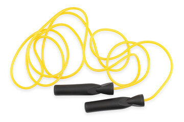Yellow skipping rope isolated on white, top view. Sports equipment
