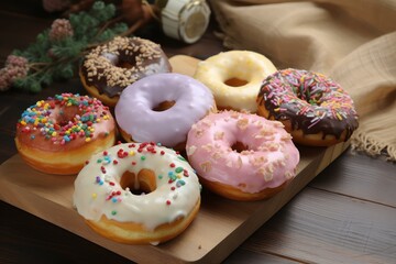 Sweet colorful donuts. Cake sugar delicious. Generate Ai