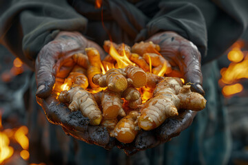 Ginger illustrated as a ring of fire, with each segment radiating warmth and healing properties,