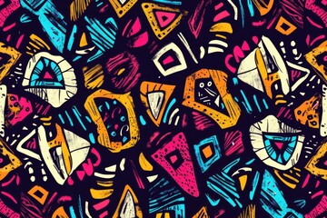 Colorful geometric shapes pattern on a black background, suitable for graphic design projects