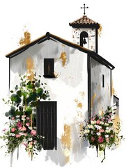 A golden and black painting of a church with colorful flowers in the foreground, showcasing a serene scene