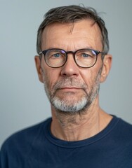 Obraz premium ID Photo for Passport : European elderly person man with straight short black hair and blue eyes, short beard, with glasses and wearing a navy t-shirt