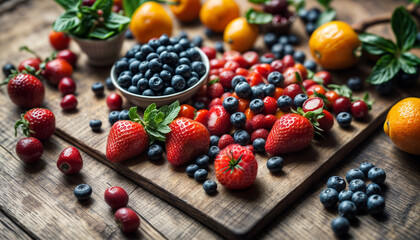 Fruits on a wooden tray. Strawberry fruit background