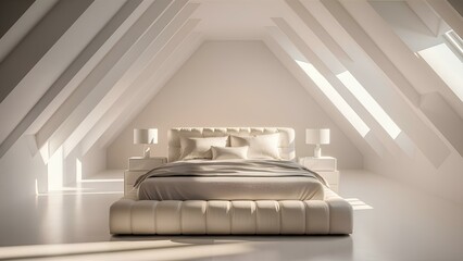 Modern luxury Bed living room Interior Furniture with pillow apartment in white wall background. Bed Room Pristine Chesterfield soft decorations on the walls.