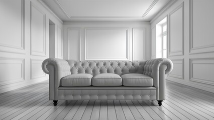 Sofa Pristine Chesterfield Furniture modern Interior soft elegant empty Fashionable comfortable Sofa with pillow apartment living room in white wall background.