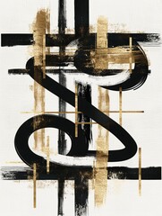 Abstract black and white painting with intricate gold lines creating geometric patterns on canvas