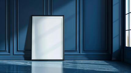 Panoramic mockup art frame on a glossy midnight blue wall, each frame casting a slight shadow. Concept for editing or presentation you work with free space 