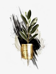 A plant is placed in a gold vase against a stark black and white background, creating a striking contrast