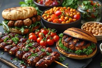 Assorted grilled meat skewers and burgers with fresh salads and chickpeas - Concept of outdoor cooking and summer barbecues