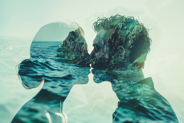 Double exposure portrait profile of kissing couple, woman and man, relationship concept