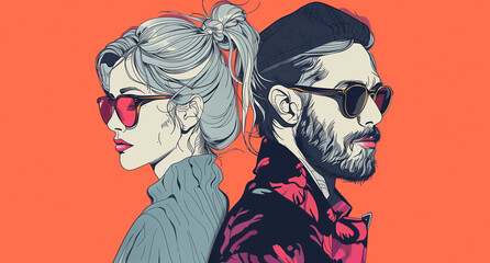 Creative fashionable drawing of stylish beautiful young couple, woman and man posing in glasses