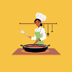 Vector illustration of a beautiful female chef wearing a green apron, stirring a pot of delicious hearty soup.