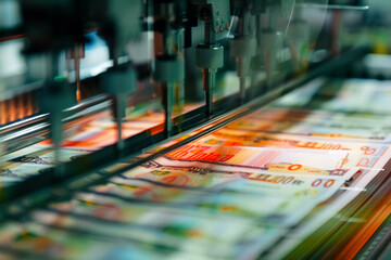 Macro shot of currency notes being printed, with a graph showing inflation rates overlay 