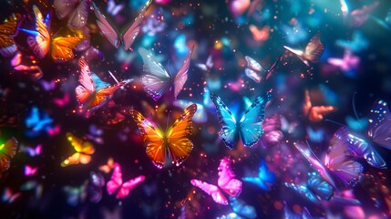 Mesmerizing Swarm of Neon Butterflies Dancing Across Ethereal Void with Vibrant Iridescent Hues and Dynamic Motion - obrazy, fototapety, plakaty