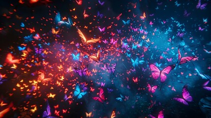 Captivating Swarm of Neon Butterflies Dancing Across a Mesmerizing Void of Vibrant Color and Motion - obrazy, fototapety, plakaty