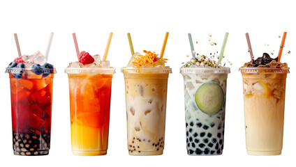 Colorful and refreshing bubble tea drinks with various flavors and toppings.
