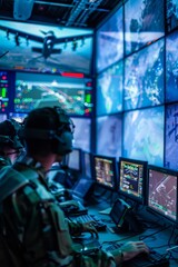 Obraz premium A ground control station: technicians and pilots remotely operating a combat drone on multiple screens