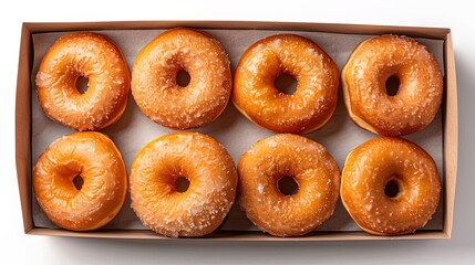 A box of eight delicious donuts, perfect for a sweet treat. The donuts are made with a light and fluffy dough, and are topped with a sweet and sticky glaze.