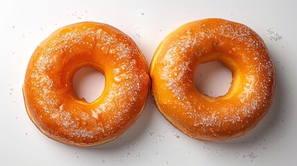 Two glazed ring doughnuts on a white background. The doughnuts are topped with sugar.