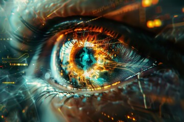 A close-up of a human eye, the iris replaced by a screen filled with pixelated static, reflecting a corrupted digital landscape