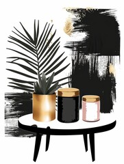 A potted plant sits on a table with a golden and black painting in the background