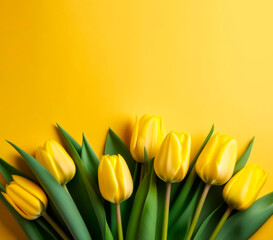 Naklejka premium Bouquet of Yellow Tulips on a yellow background. Holiday card with copy space for text. . A bouquet of colorful spring flowers