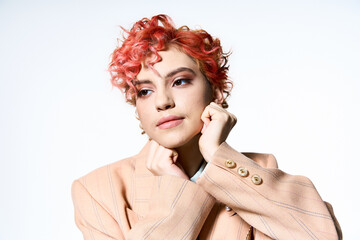 A close-up of a woman with vibrant red hair, exuding allure and extravagance.
