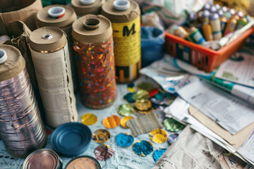 Macro shot of recycled materials and products with a background of economic sustainability reports 