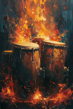 Drums depicted as a series of bold, aggressive brush strokes in a war-themed painting, each stroke intensifying the scene,