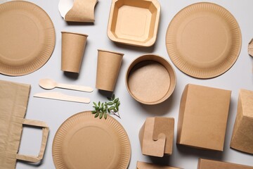 Flat lay composition with eco friendly food packagings and twig on light grey background