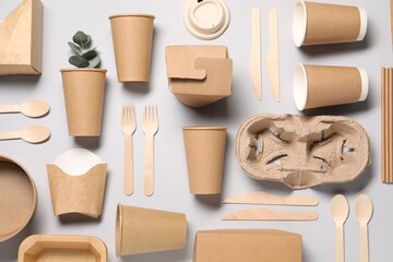 Flat lay composition with eco friendly food packagings and eucalyptus leaves on light grey...