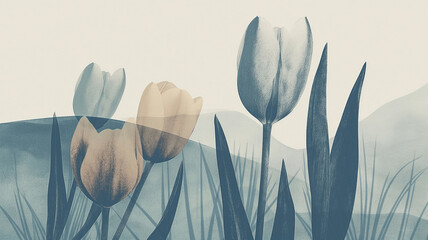 Hand-drawn minimalistic tulip pattern wallpaper. Tulip image designed with textile items.