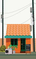Vector illustration of a charming small restaurant, featuring elements such as an air conditioning unit, electrical wires, utility pole, menu board, and advertising sign for specialty dishes.