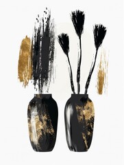 Two vases, painted black with splatters of gold paint, sit side by side on a table