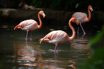 Naklejka premium Trio of vibrant flamingos gracefully wades in tranquil waters, surrounded by lush greenery