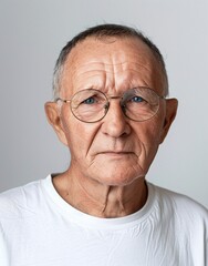 Obraz premium ID Photo for Passport : European elderly person man with straight short black hair and blue eyes, clean-shaven, with glasses and wearing a white t-shirt