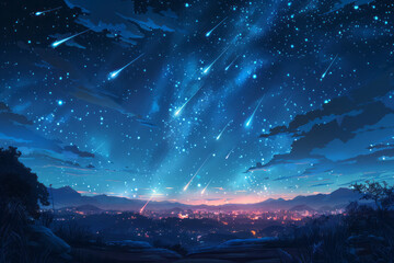 An illustration of a night sky with a blue to black gradient, featuring shooting stars with trailing lights,